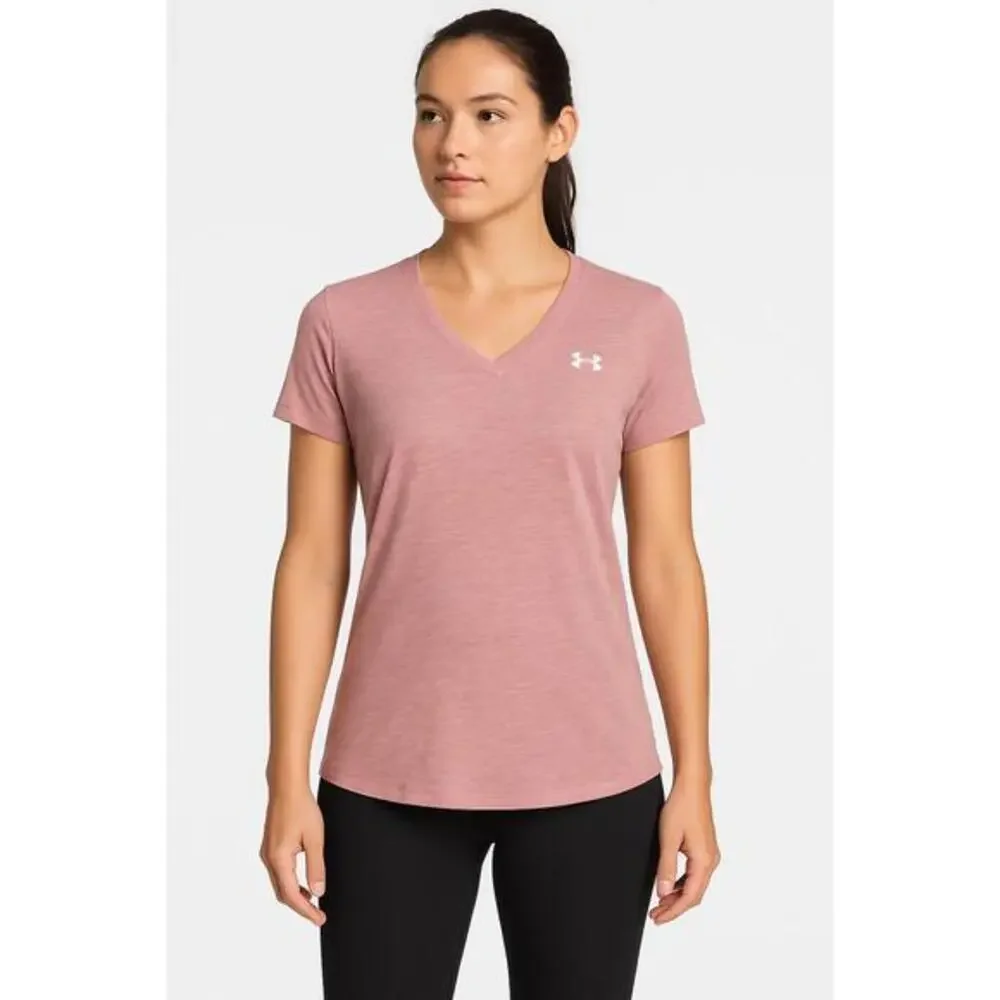 Under Armour TShirt Womens Size Small Heathered Pink VNeck ShortSleeveAthleisure - Picture 2 of 11